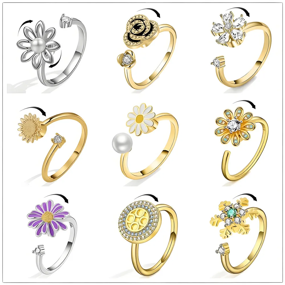 exquisite sunflower fidget spinner knuckle rings for women anti stress and anxiety control rotating ring jewelry accessories