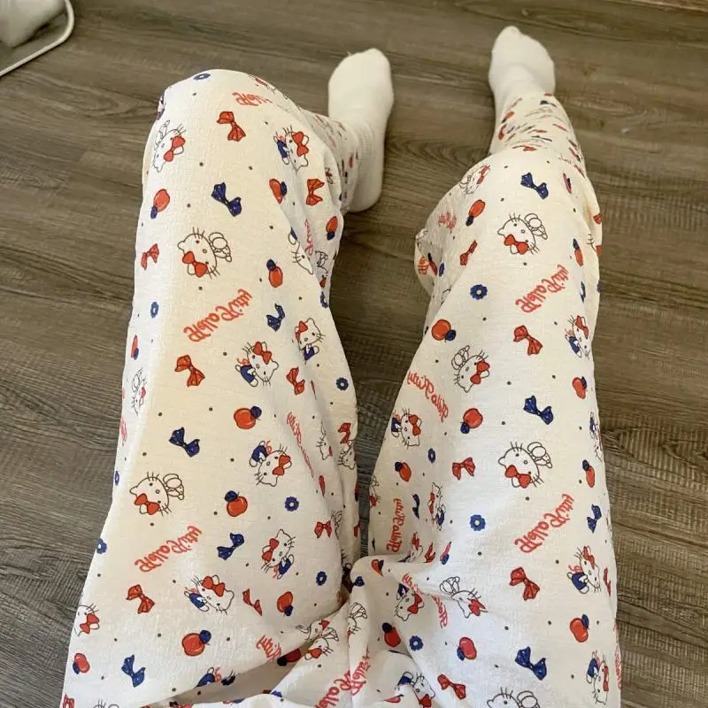 Anime Sanrio Hello Kitty Kawaii Pajama Pants Cartoon Print Summer Cool Fabric Loose Comfortable Breathable Cute Girl Trousers