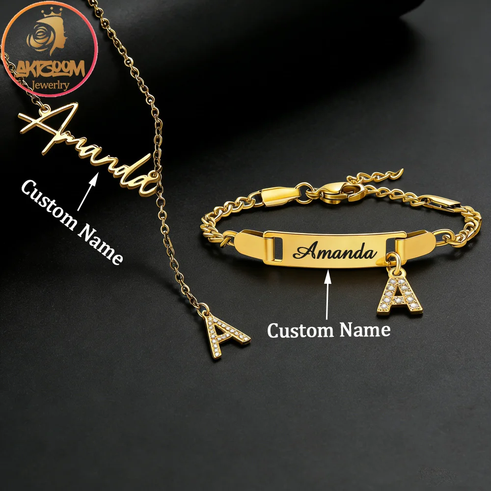 Akizoom Custom Name Zircon Letter Necklace Bracelet Stainless Steel Personalized Name Jewelry Set for Woman Kid Birthday Gift