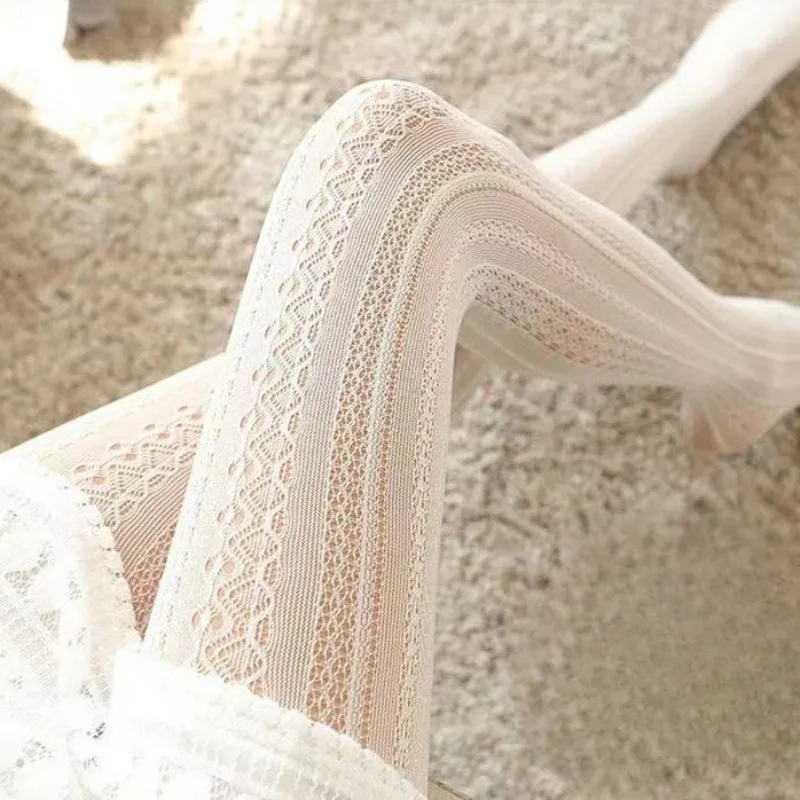 Cream White Stripe Lace Socks Spring Summer New Hollow Lolita Silk Stockings Women High Elastic Fashion Pleated Leggings Tights