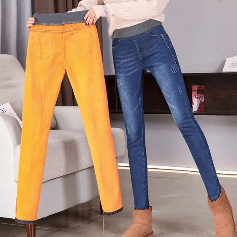 Jean crayon en velours taille haute élastique pour femme, pantalon en denim skinny en peluche délavé, surdimensionné 38, optique chaude décontractée, hiver