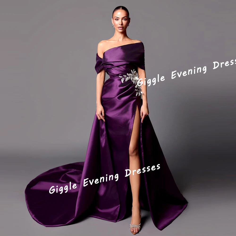 Giggle Satin Appliques One-Shoulder Elegance Prom Gown Saudi Arab Slit Pretty Floor-Length Evening Party Dresses for Women 2024