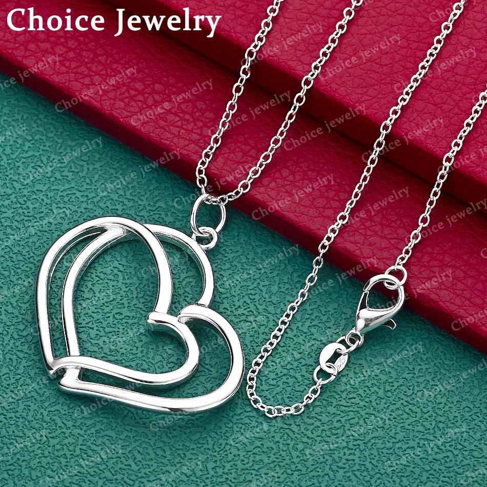 

40-75cm 925 Sterling Silver Double Hearts Pendant Necklace For Women Anniversary Gift Popular Wild Fashion Romantic