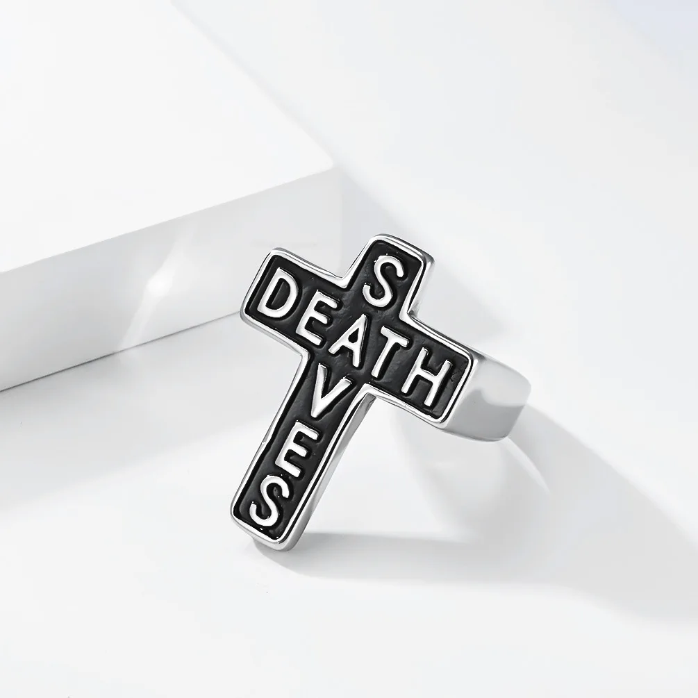 Stainless Steel Rock Retro Dark Gothic DEATH SAVES Cross Men's Ring