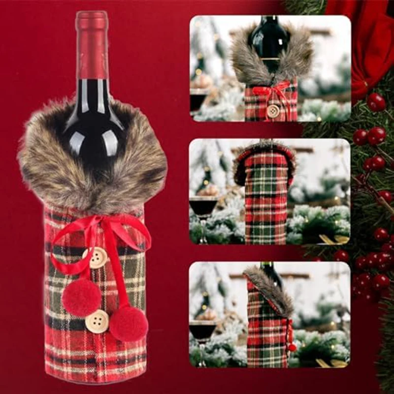 Christmas Wine Bottle Covers Decoration,Plaid Striped Santa-Snowman Wine Bottle Bag For Christmas Party Decoration 4 Pcs Durable