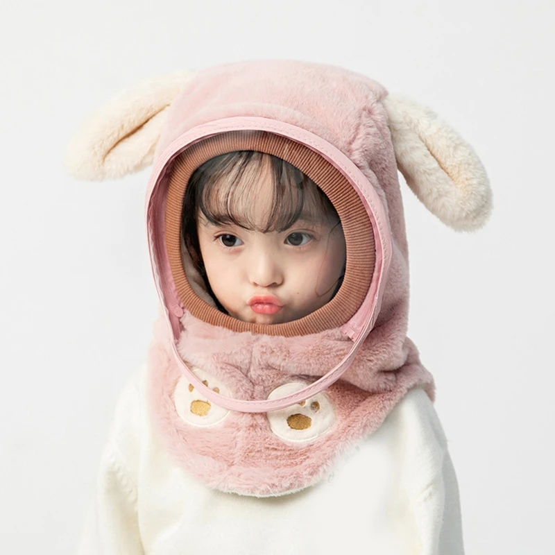 Autumn Winter Children Biking Hooded Hat Baby Hood Cartoon Ear  with Face Mask Cute Earflap Windproof Hat Neck Warmer