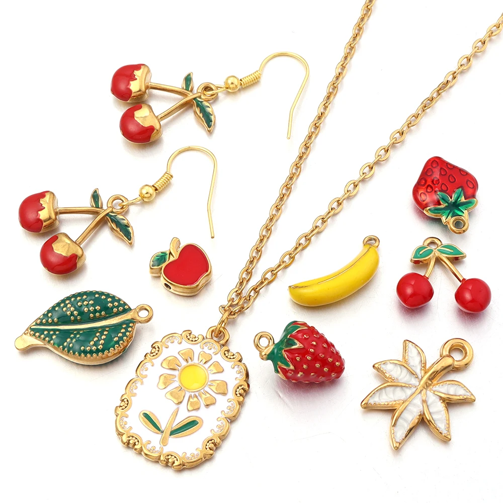 2pcs Stainless Steel Enamel Charms Cute Strawberry Cherry Fruit Flower Leaf Pendants DIY Necklace Bracelet Jewelry Making image 2