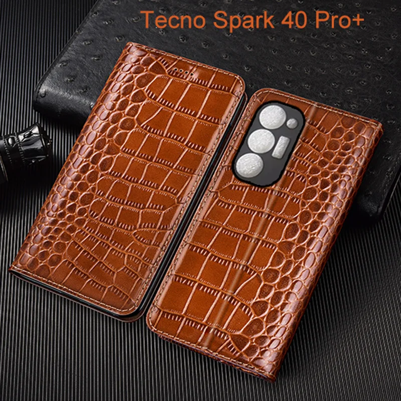 

Crocodile Genuine Leather Flip Case For Tecno Spark 30 30C 40 40C Pro Plus Phone Cover Card Cases Scratch Proof