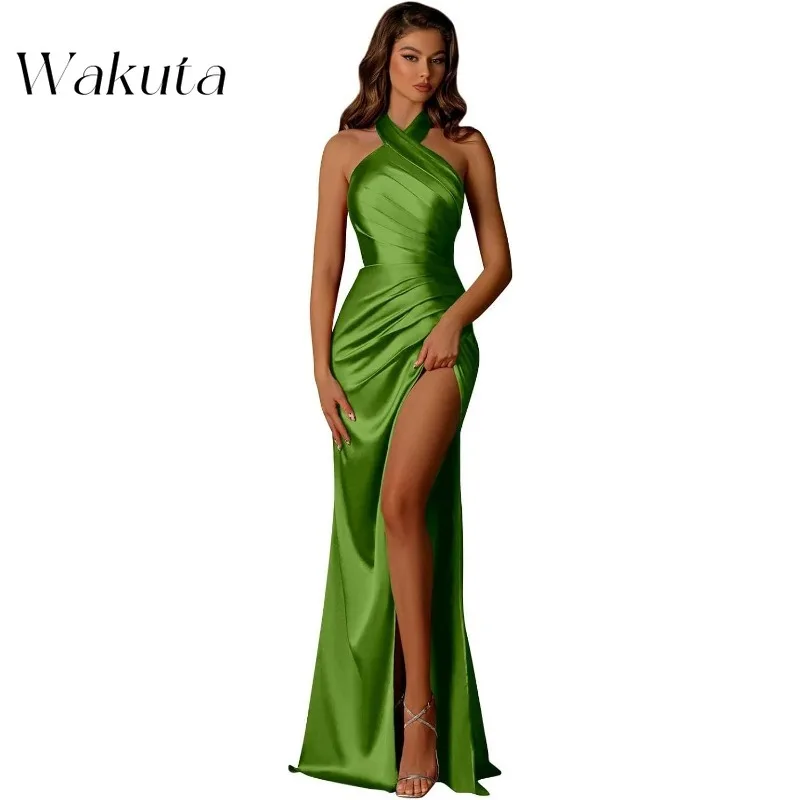 Wakuta Vintage Neck Strapless Simulated Silk Solid Robe Sexy Waist Slimming High Split Pleated Engagement Vestido Elegante Mujer