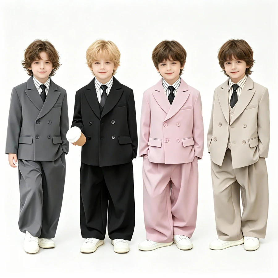 

School Boys Double Breasted Blazer Suit Set Wide Leg Pants Formal Streetwear Outfit for Kids Toddlers Wedding Birthday Party 8 Y