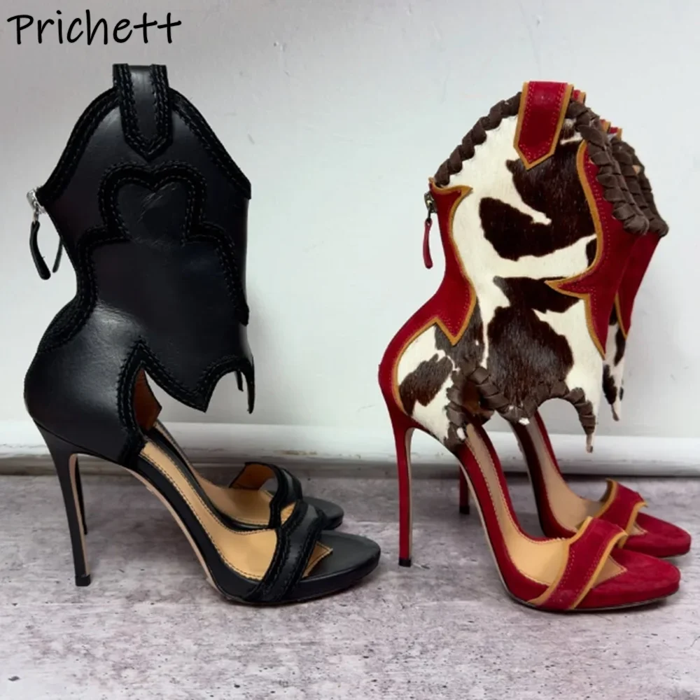 Sewing Patchwork Sandals Boots Round Toe Straight Strap Back Zipper Hollow Sexy Runway Shoes Women's Summer Chic Design Sandals