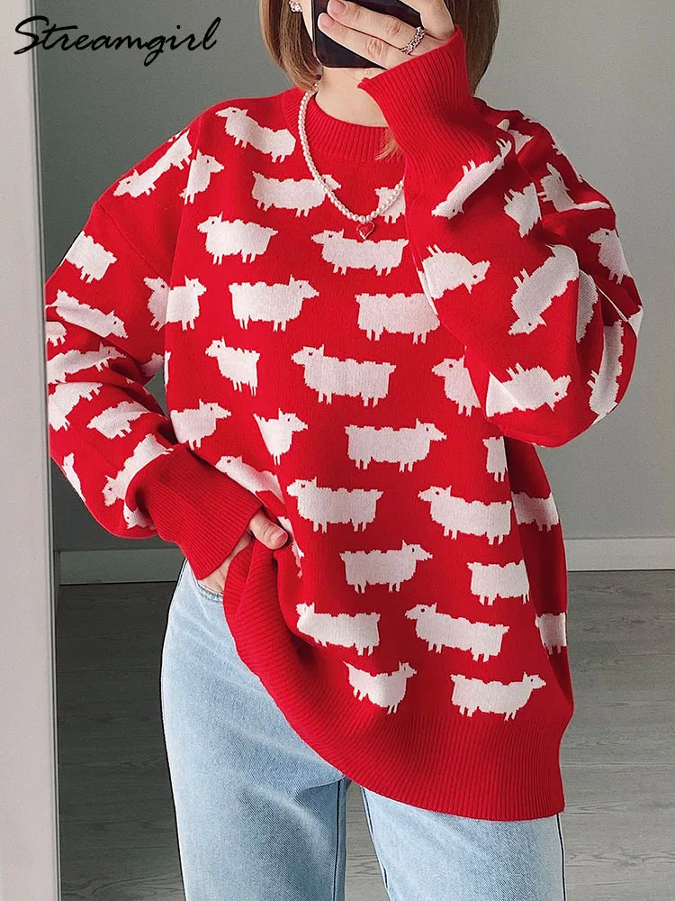 Autumn Sweet Baggy Printed Sweater For Women Warm O Neck Oversized Pullovers Knitted Red Loose Sweaters Women Green Sweater