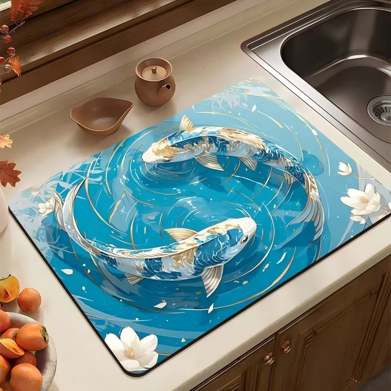 Water Ripple Goldfish Drainage Mat, Realistic Fish Swimming in Water, Non-Slip Diatomite Kitchen Countertop Drying Pad