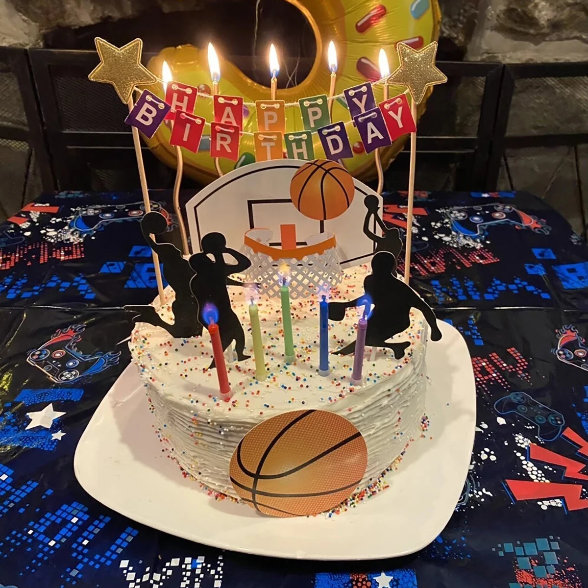 7pcs/set Basketball Theme Cake Topper Decoration Happy Birthday Cake Paper Flag Planting Party Gathering Cake Decor Accessories