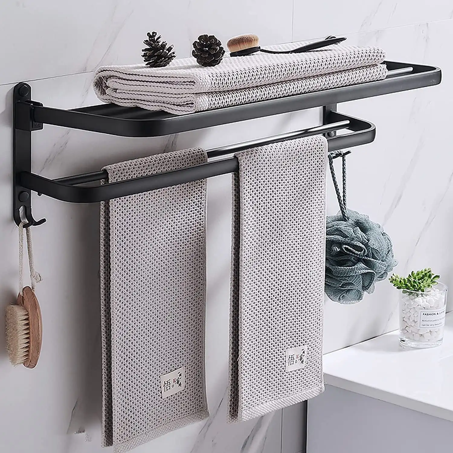 

Towel Rack with Towel Bar Holder 20in Towel Shelf Bathroom with Towel Rail Shelf Wall Mounted Aluminum Towel Rack Towel Bars