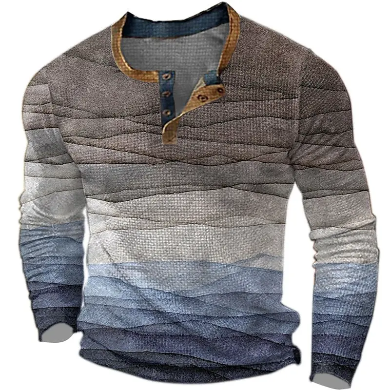 Color Block Henley Shirts Gradient 3D Print Streetwear Men\'s Fashion Button-Down Long Sleeve T Shirt Man Male Tees Tops Clothing