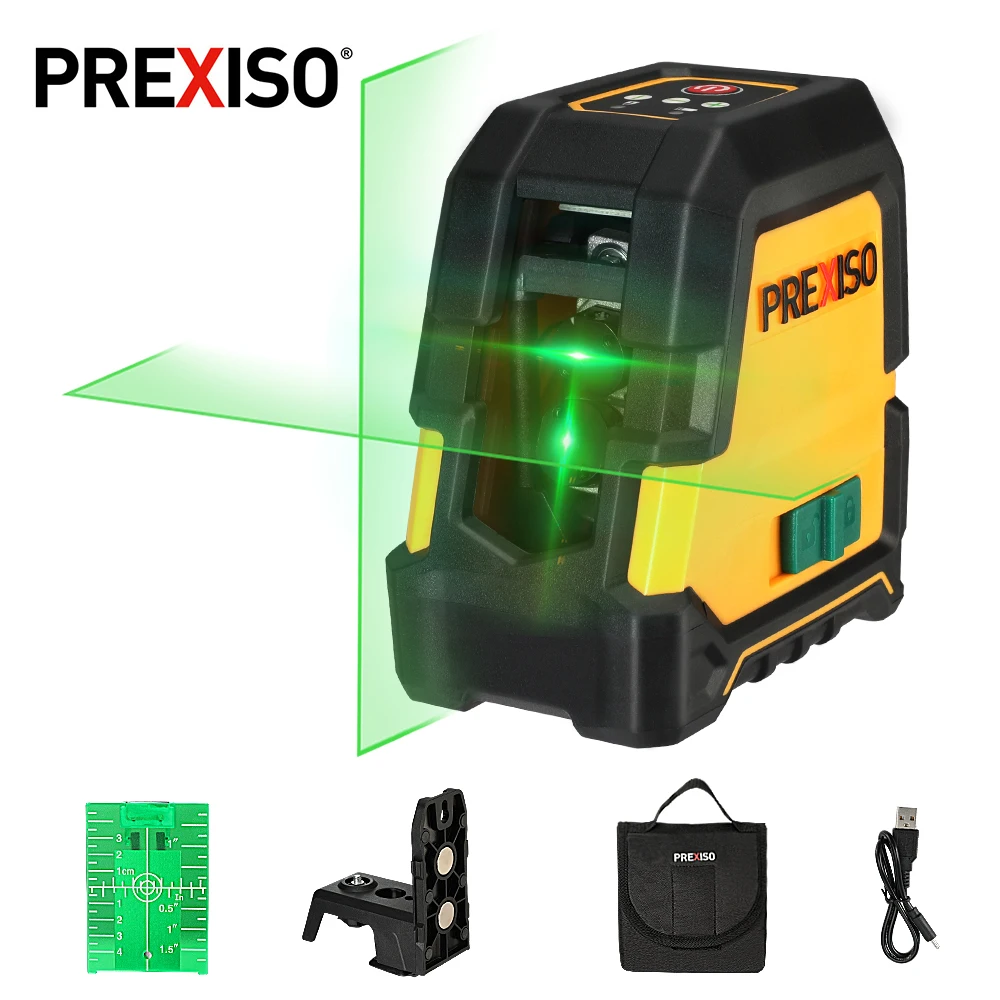 PREXISO 30M/100FT Rechargeable Cross Line Laser Green Line Level Self Leveling Laser and Magnetic Pivoting Base for Construction