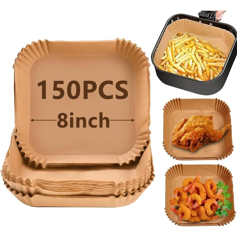 150 pcs disposable Air fryer liners parchment papers, square 8inch Non-stick sheets, Free of Bleach