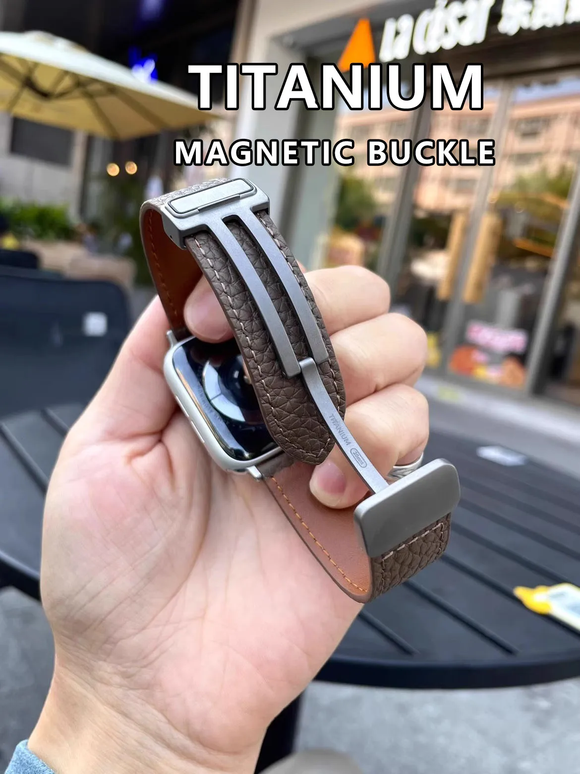 Kake titanium alloy magnetic buckle suitable for iwatch strap s9 pebbled ultra leather