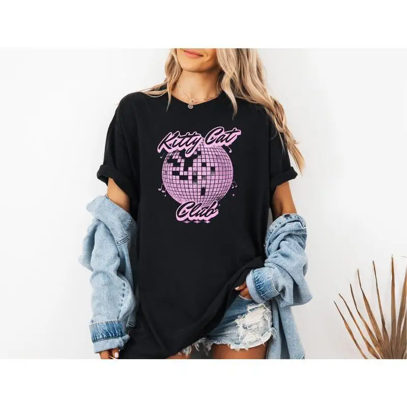 

Women's Kitty Cat Club T-Shirt | Pink Disco Ball Graphic Tee | Pet Lover Retro Party Gift Top