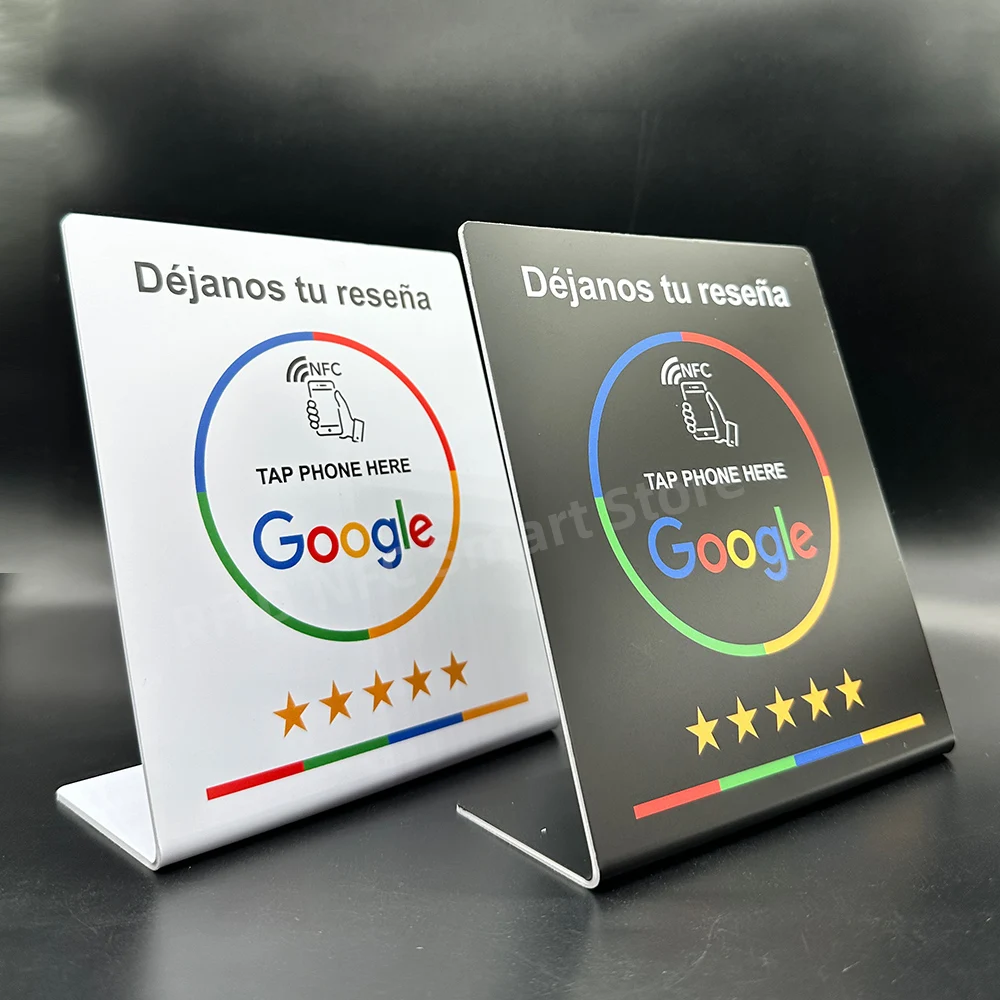 Déjanos tu reseña NFC Google Review NFC Stand Display Table Display URL Writing Social Media Business Review Card