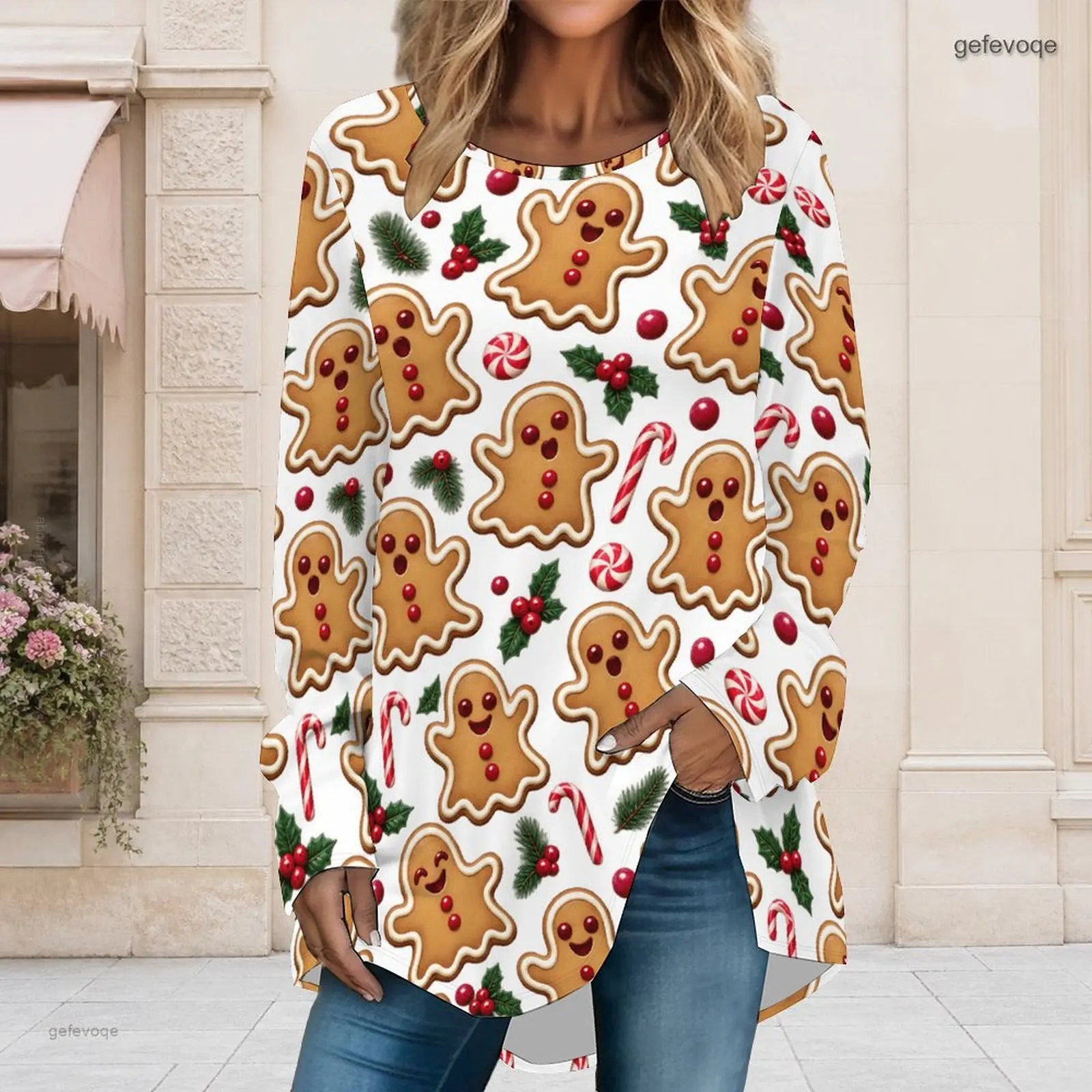 Women Christmas Gingerbread Gift Cookie Holly Peppermint Print Round Neck Long Sleeve Loose High Low Hem Top
