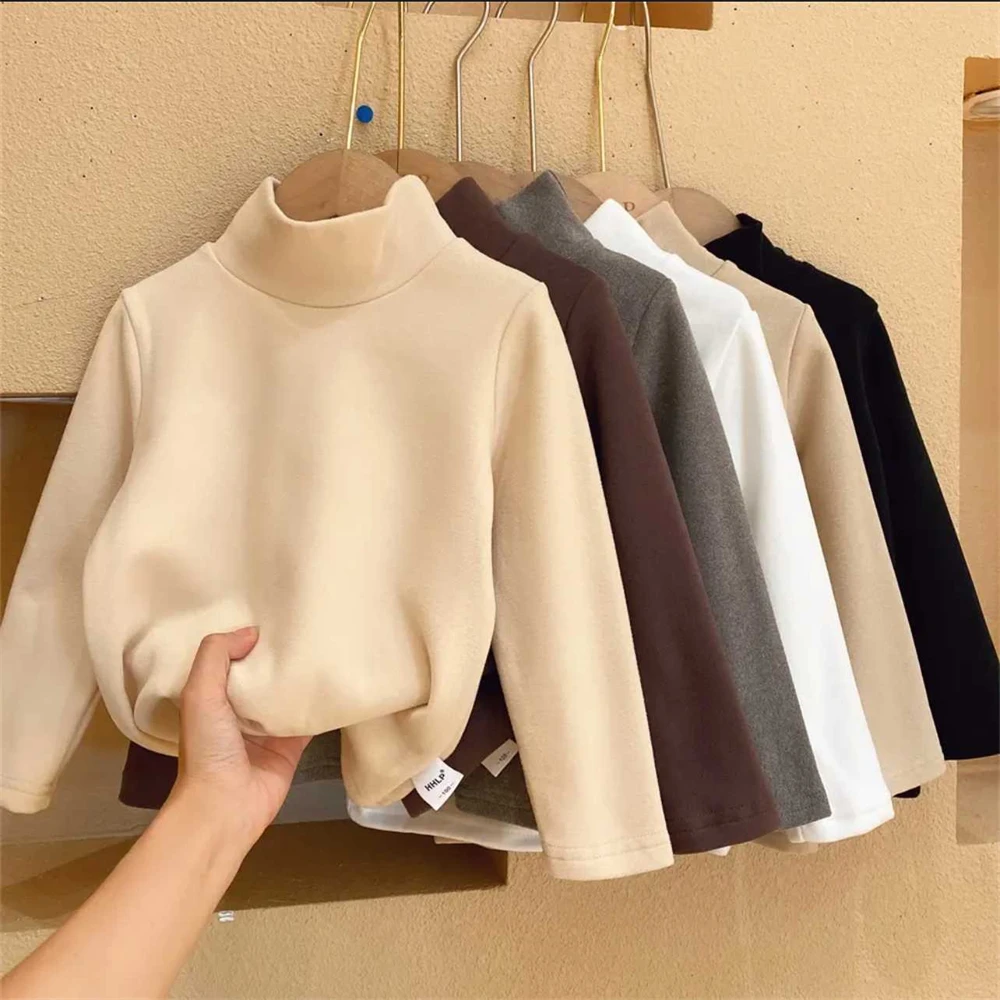 Autumn Winter Children Clothes Solid Baby Long Sleeve Tops Turtleneck T-shirt Fleece Warmth Casual Kid Girl Boy Tops