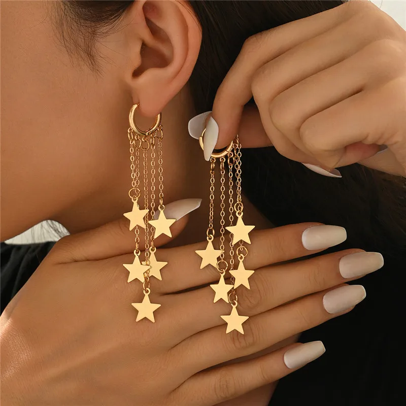 Pendientes de Aro con Borlas y Estrellas en Color Dorado Estilo Bohemia para Mujer, Pendientes Largos Minimalistas con Cadena y Estrella Celestial, Joyería para Bodas