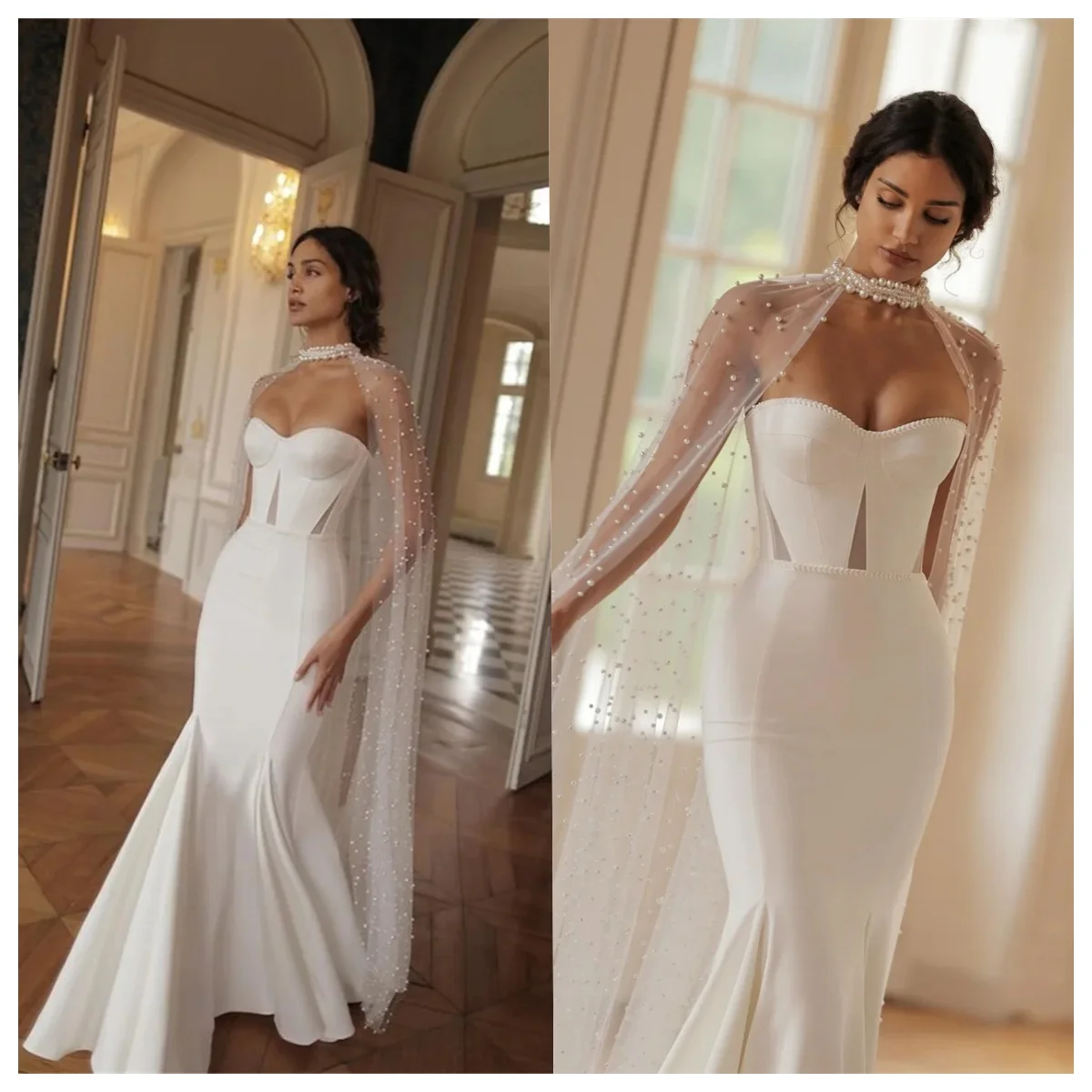 2025 Strapless Satin White Wedding Dress Sequin Cape Sweetheart Sheath Mermaid Wedding Dress Custom Beach Wedding Dress