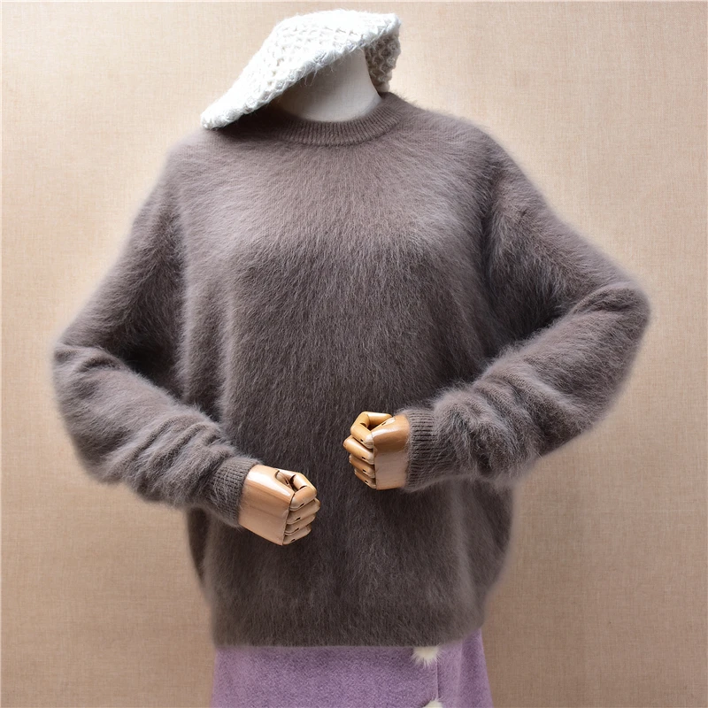 Women Mujer Autumn Winter Clothing Hairy Angora Rabbit Hair Knitted O-Neck Long Sleeves Loose Pullover Sweater Jumper Pull Tops