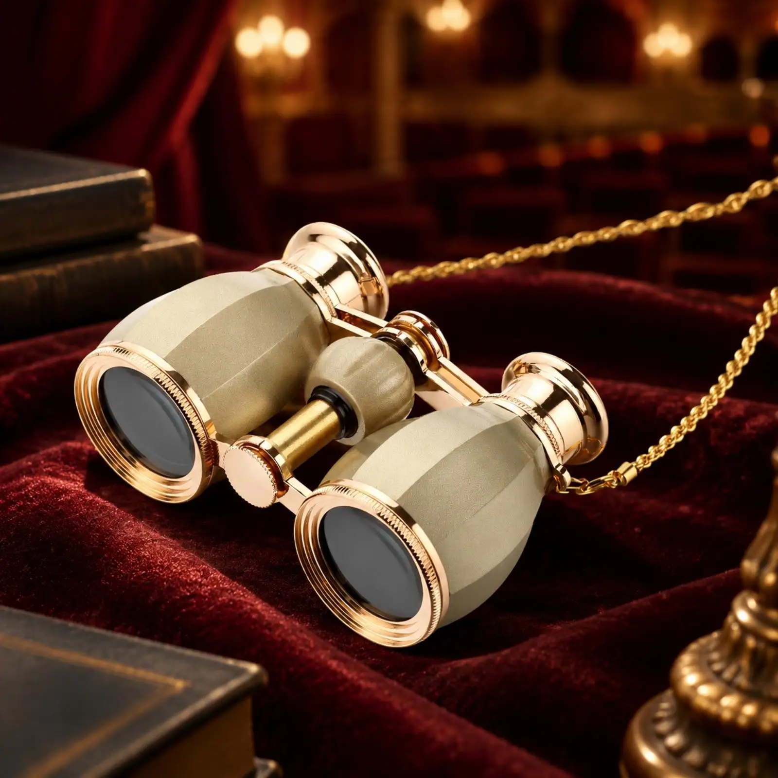 Metal Opera Binoculars for Theater Seated Events 4x30 Magnification with Central Focus and Vintage Carrying Chain
