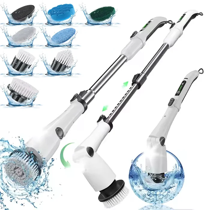 

Replaceable Brush Head Power Cordless Electric Cleaning Brush With Adjustable Long Handle Electric Spin Scrubber