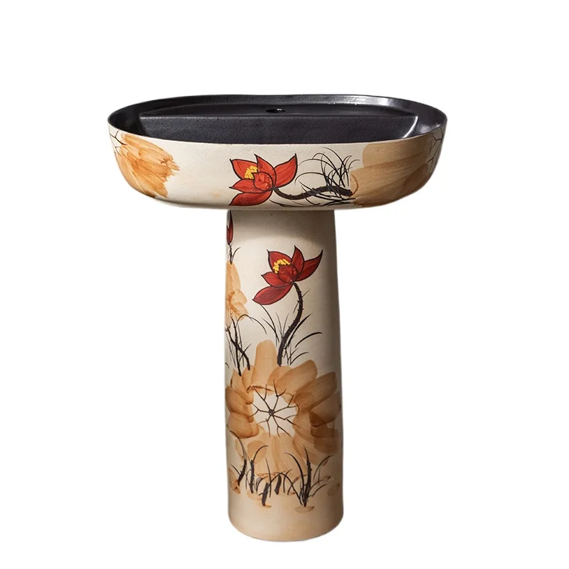 

*Lotus ceramic column wash basin household balcony bathroom wash basin outdoor courtyard retro Chinese style