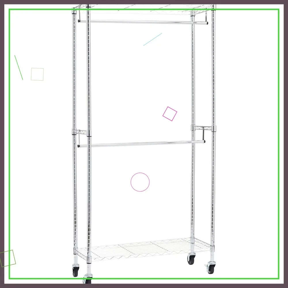 

Adjustable Garment Rack with Double Hanging Rods, Rolling Closet Organizer, Chrome Finish, 36x14x72 Inches
