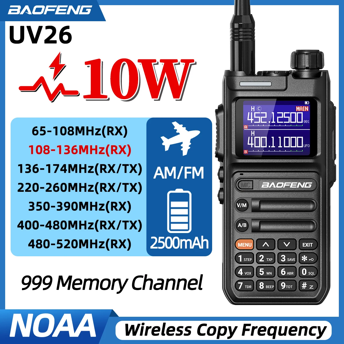 Baofeng UV-26 Walkie Talkie 10W Multi Band Wireless Copy Frequency AM FM 999CH NOAA Long Range VOX Type-C Charger Two Way Radio