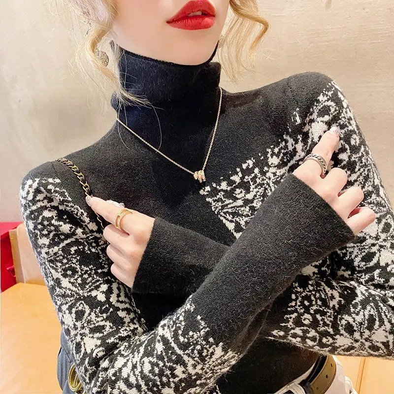 High Neck Sweater Women's Base Sweaterautumn and Winter Fashionable New Style Leopard Print Splicing Slim Fit Inner Knit Sweater