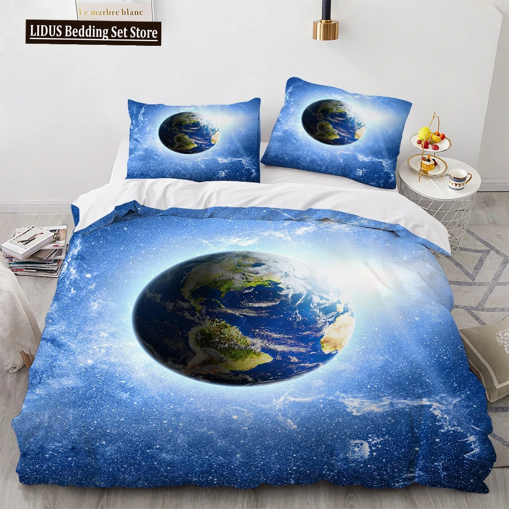 

Galaxy Planet King Queen Duvet Cover Universe Sky Bedding Set 3D Blue Earth Outer Space Astronomy 2/3pcs Polyester Quilt Cover