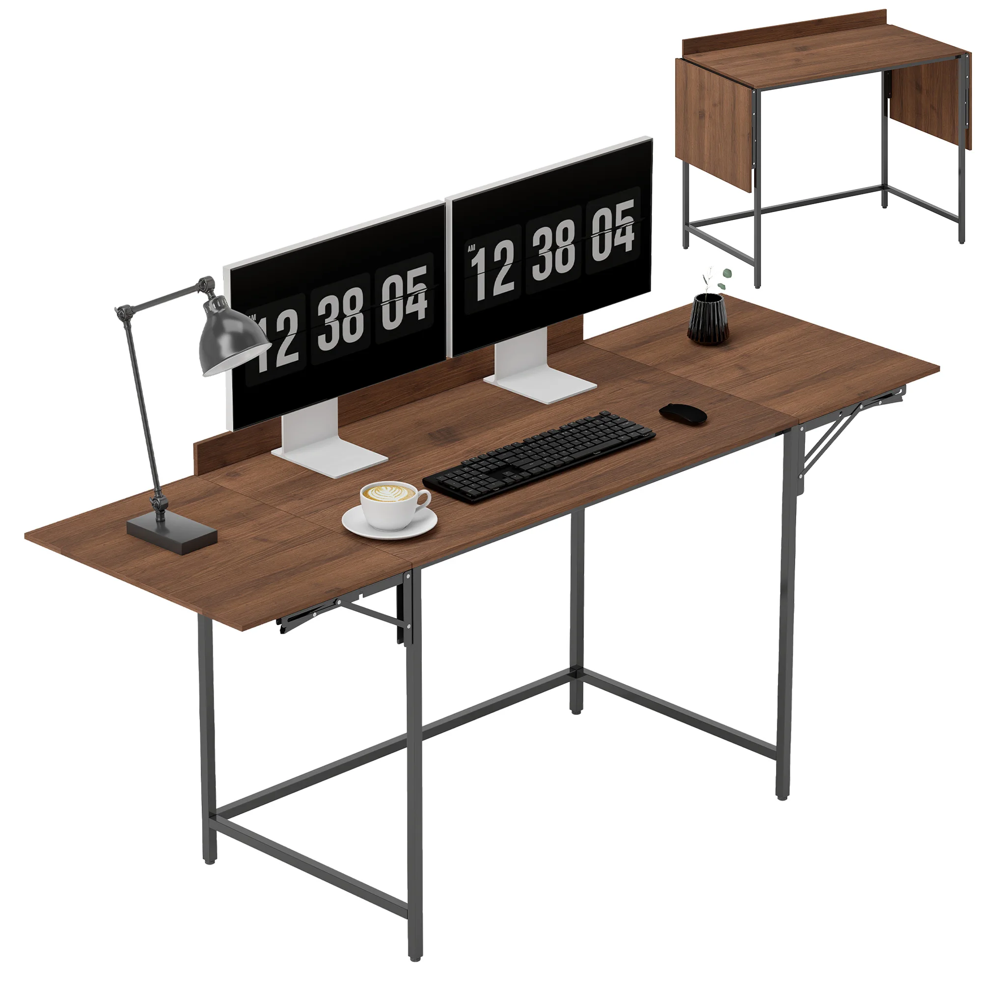 Escritorio Plegable HOMCOM para Computadora, 170x58 cm, Moderno, con 2 Soportes Plegables para 2 Monitores, para Dormitorio, Espacios Pequeños