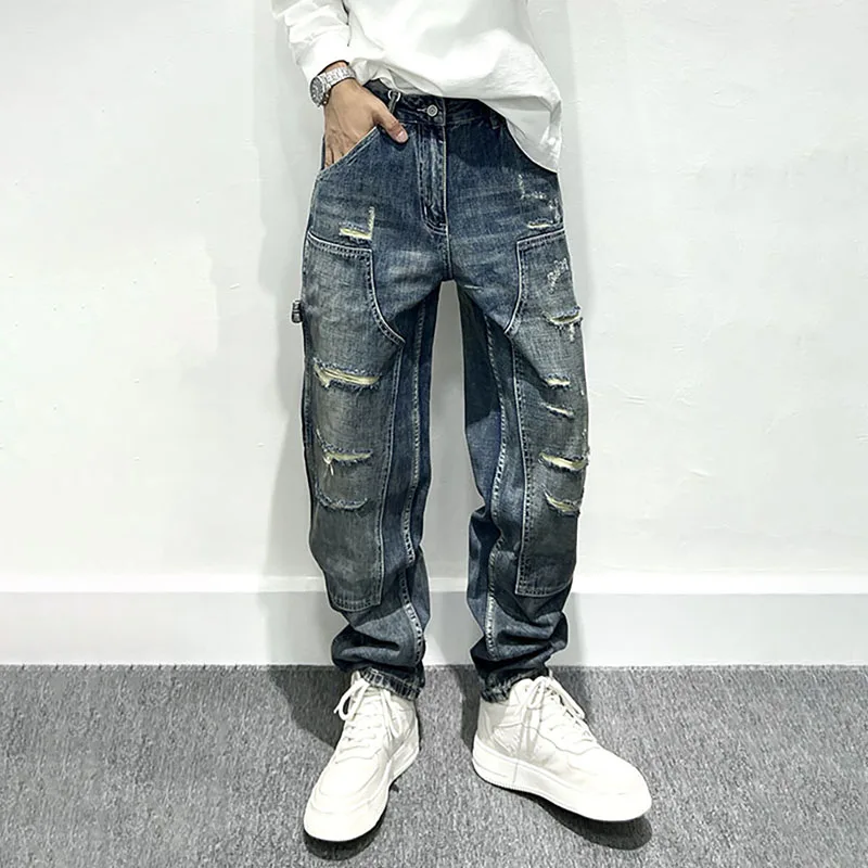 

Korean Version Retro Ripped Jeans High Street Loose Straight Leg Pants Tapered Pants Y2k Jeans Hip-Hop Pants