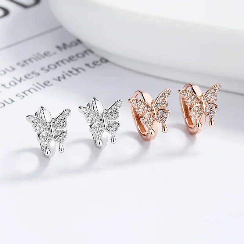 Cute Lovely Butterfly Hoop Earrings For Women Shiny Micro Crystal Romantic Round Circle Tiny Ear Hoops Jewelry Accessories Gifts