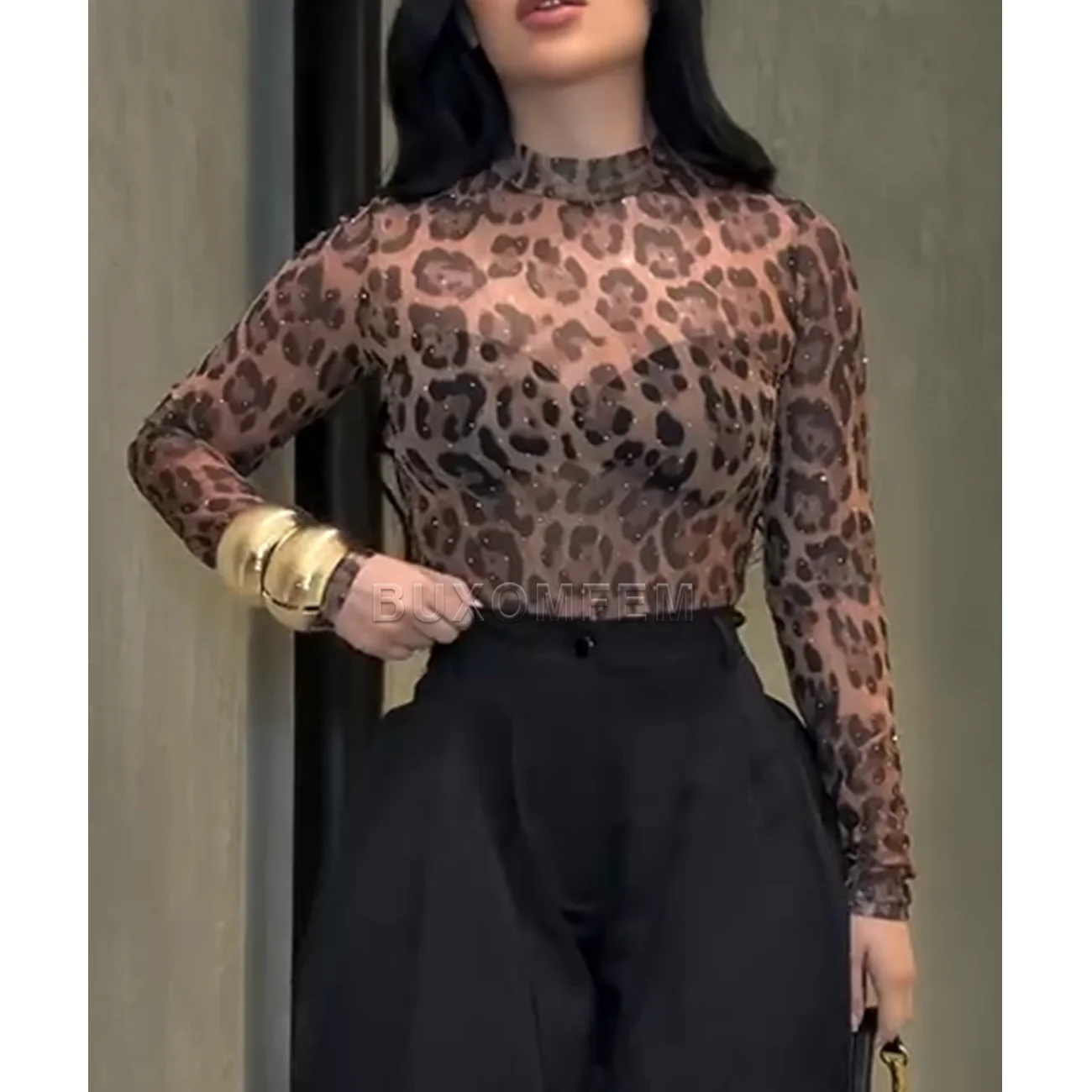 المرأة ليوبارد طباعة شبكة مرصعة بأحجار الراين السيدات أنيق كم طويل ارتداءها تي شيرت 2025 أنثى ملابس جديدة ملابس الشارع الشهير الزي