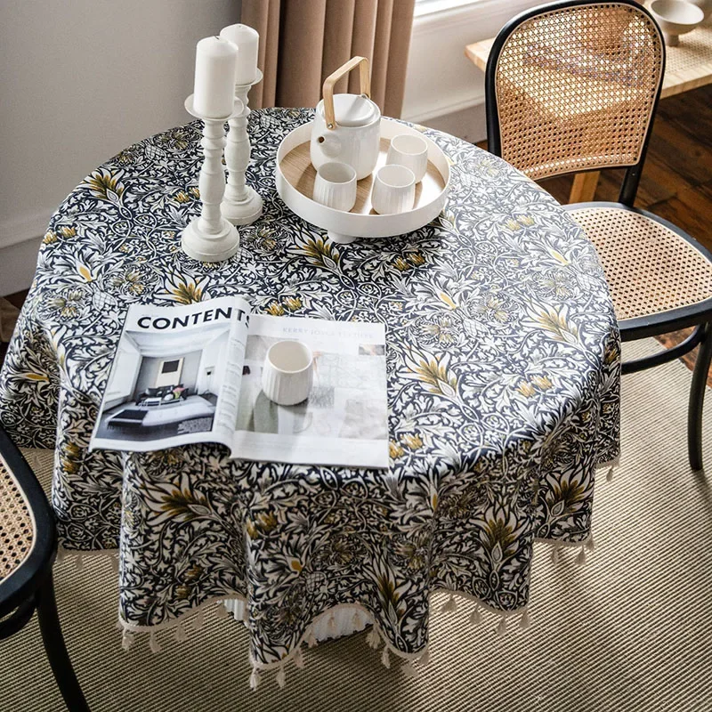 Round Plant Printed Tassel Table Cloth Pastoral Cotton and Linen Dust-Proof Table Cover Anti-Dirt Beautiful Home Decoration