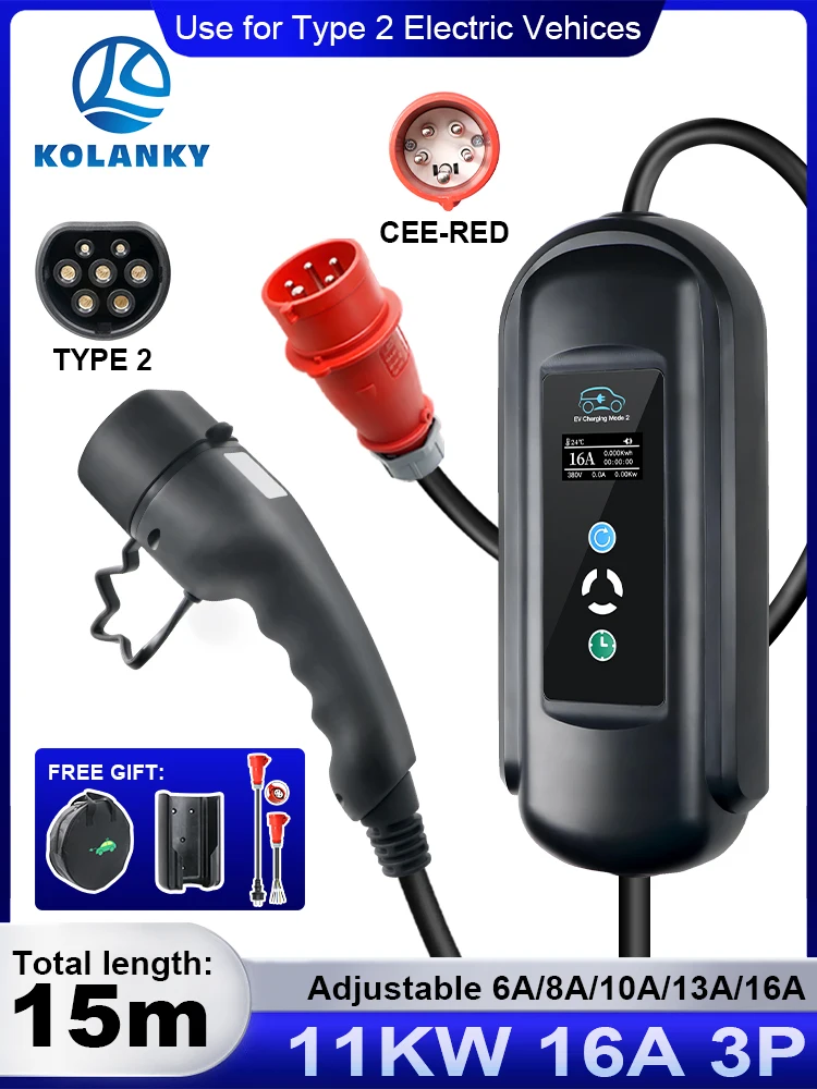Kolanky Tragbares EV-Ladegerät 16A 11KW Heim-Ladestation Wallbox Typ 2 Zeitverzögerung Elektrofahrzeug Auto CEE Rot zu Schuko Adapter 15M