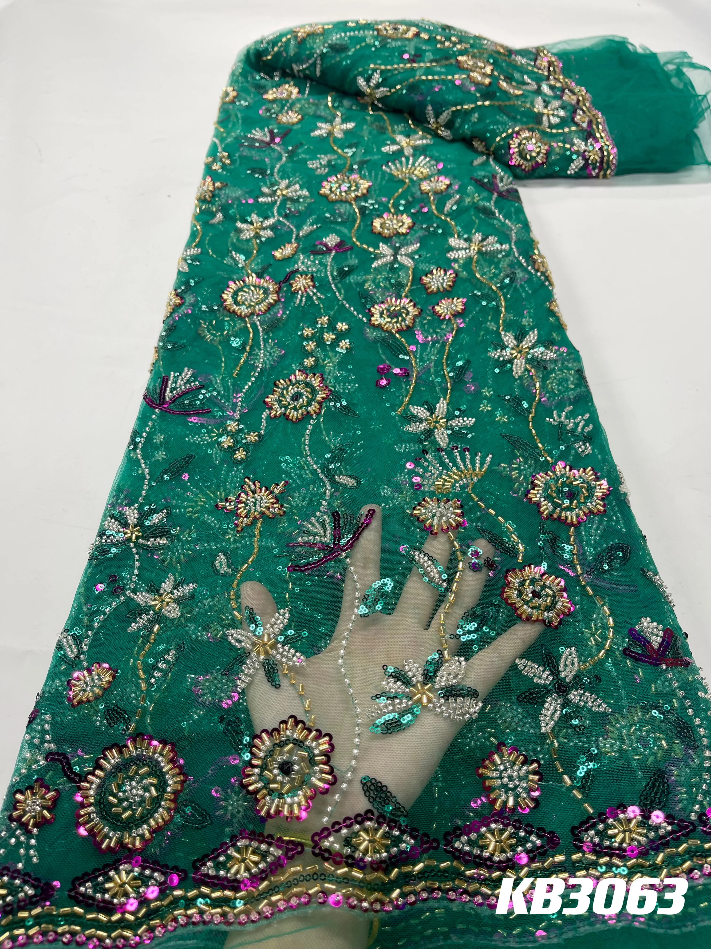 Luxury Vertical Striped Sequin Lace Fabric Latest Lace Fabric High Quality 2023 Green Beaded Lace Fabric For Wedding Party Dress