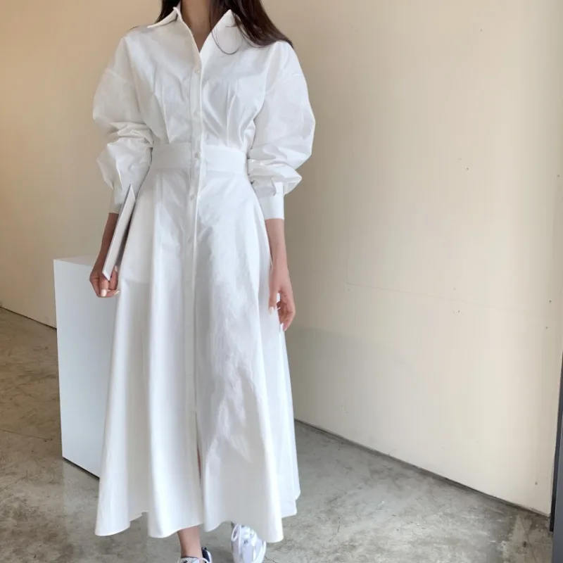 여성용 화이트 엘레강트 맥시 셔츠 드레스 싱글 브레스트 롱 랜턴 슬리브 하이 웨이스트 드레스 한국 시크 오피스 레이디 출퇴근 프렌치 스타일