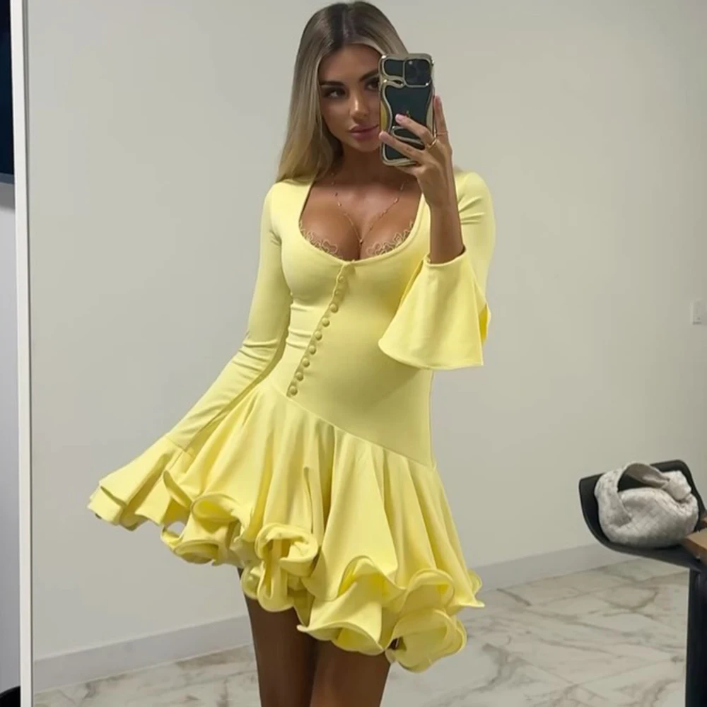 

Ticketsx Pink Ruffled Pleated Dress Women's Flare Sleeve Irregular Deep V-Neck Button A-Line Dress Lady Solid Elegant Slim Dress