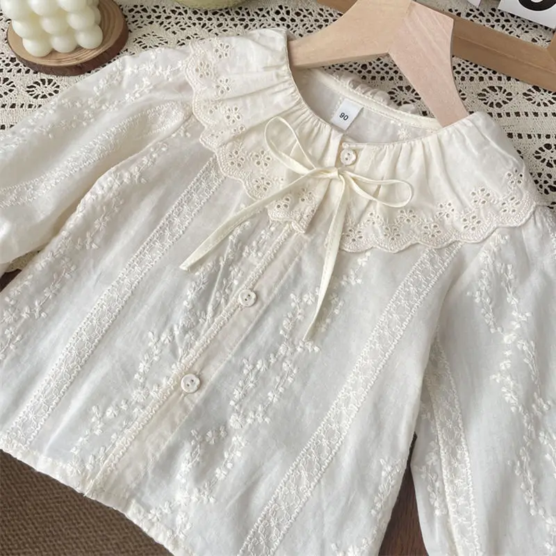 

Children Girls Blouses Cotton Floral Embroidery Infant Babys Girls Peter Pan Shirts Loose Round Collar Kids Girls Tops