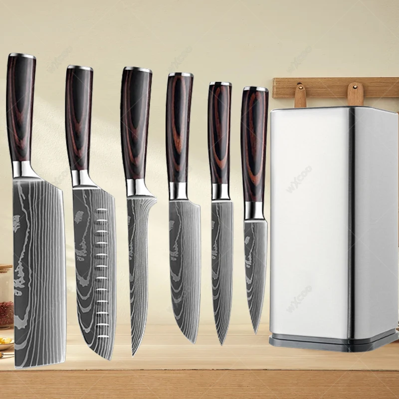 Stainless Steel Knife Set 1-7pcs Japanese Santoku Knife Boning Knife Vegetable Cutting Knives Damask Pattern Kitchen Accessories