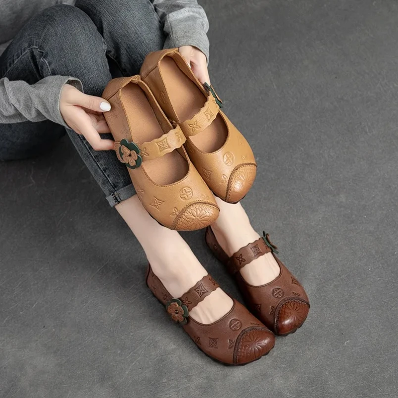الخريف اليدوية أحذية النساء جلد طبيعي أحذية نسائية جولة تو أحذية الأم عارضة الشقق باطن لينة #4