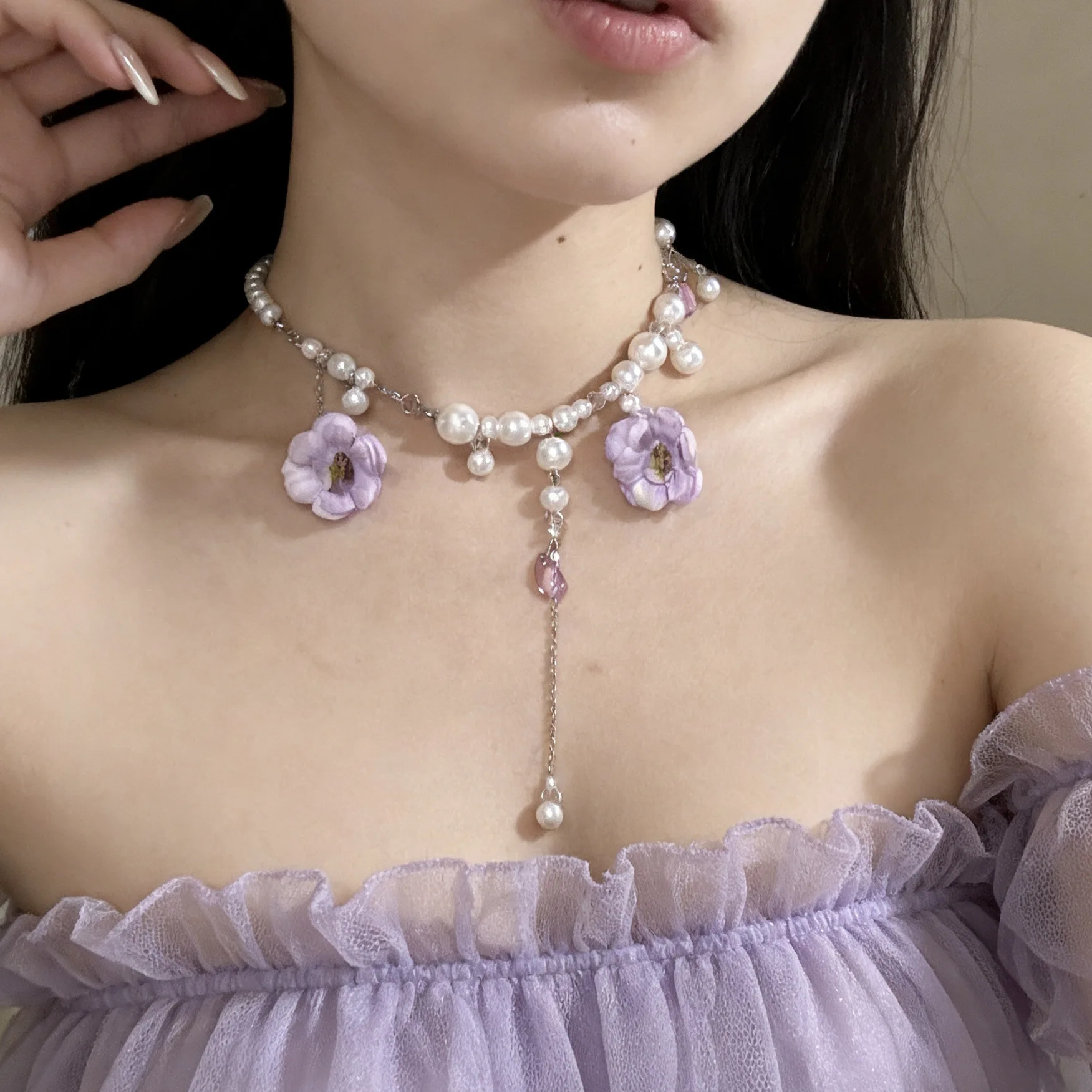 Romantic Niche Pink Sweet Flower Collarbone Chain Versatile Temperament Necklace Women's Pearl Fringe Collarbone Chain